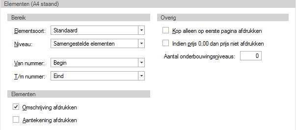 Afdrukinstellingen tab Elementen (A4 staand)