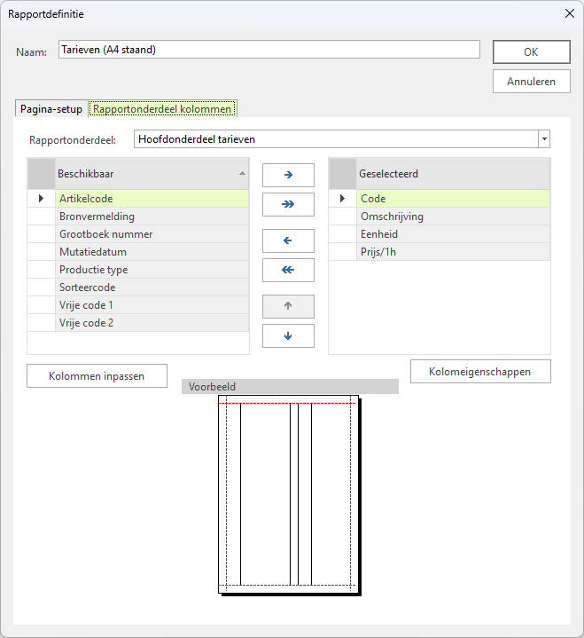 Afdrukinstellingen rapportdefinitie kolommen