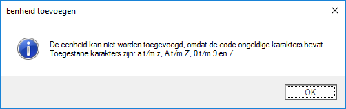 Eenheid toevoegen-melding verkeerd code