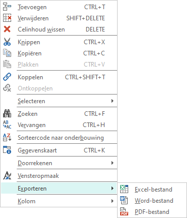 Rechtermuismenu exporteren XLS, DOC, PDF