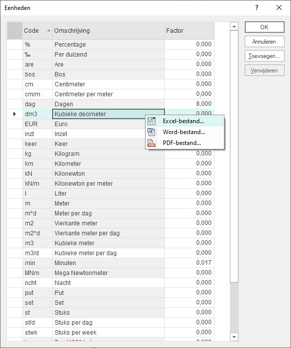 Rechtermuismenu exporteren XLS, DOC, PDF in menu Data