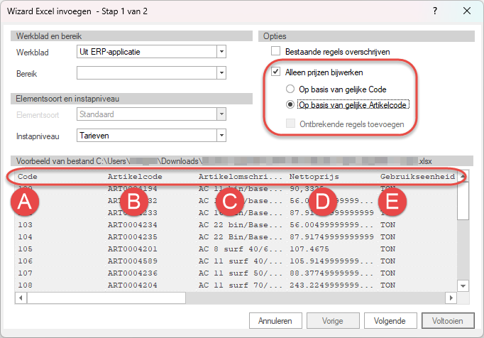 Prijzen bijwerken op Artikelcode