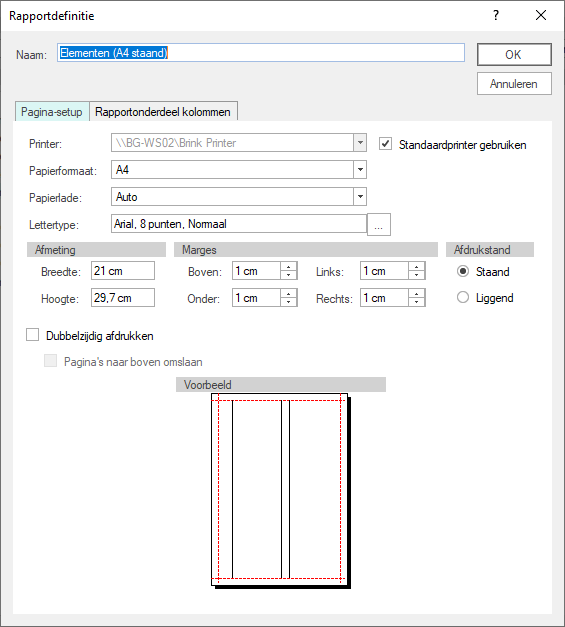 Afdrukinstellingen rapportdefinitie