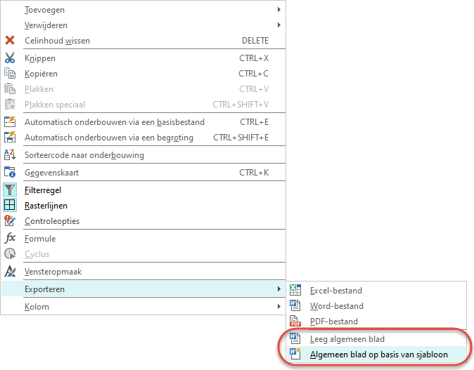 Rechtermuismenu exporteren Algemeen blad