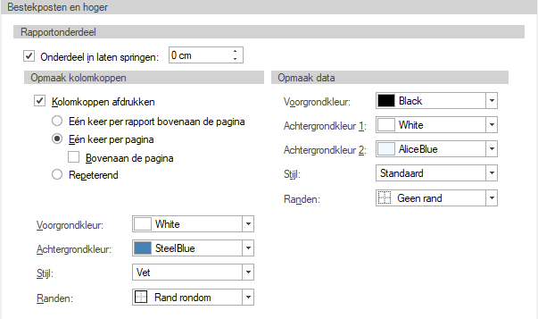 Afdrukinstellingen tab rapportonderdeel calc