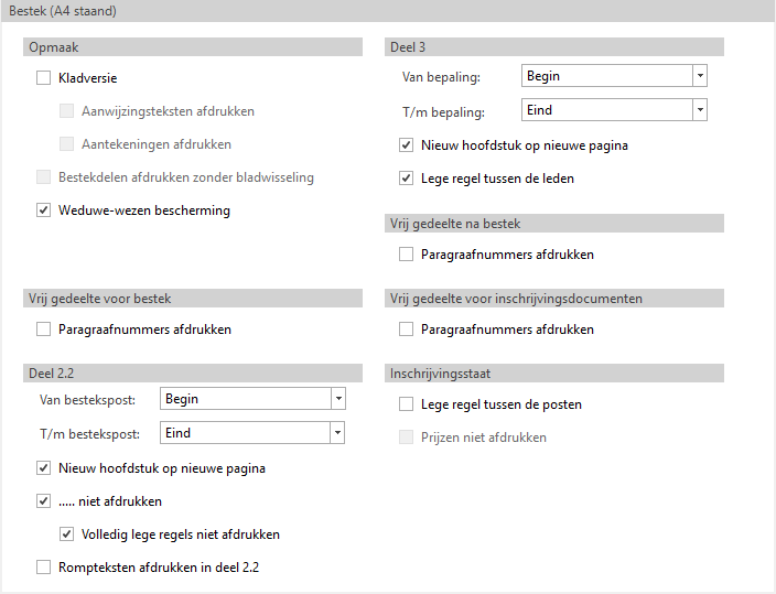 Afdrukinstellingen tab Bestekrapport - New