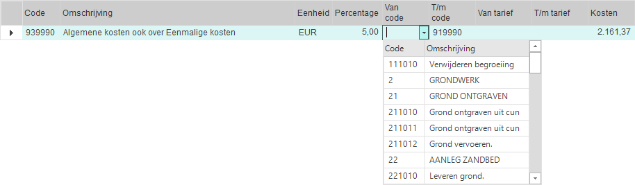 Percentageregels - uitklaplijst Code