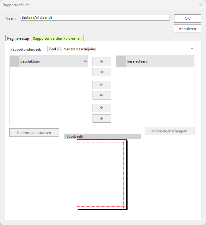 Afdrukinstellingen rapportdefinitie kolommen bestek