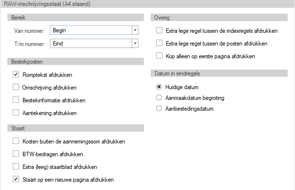 Afdrukinstellingen GwwCalc tab inschrijfstaat