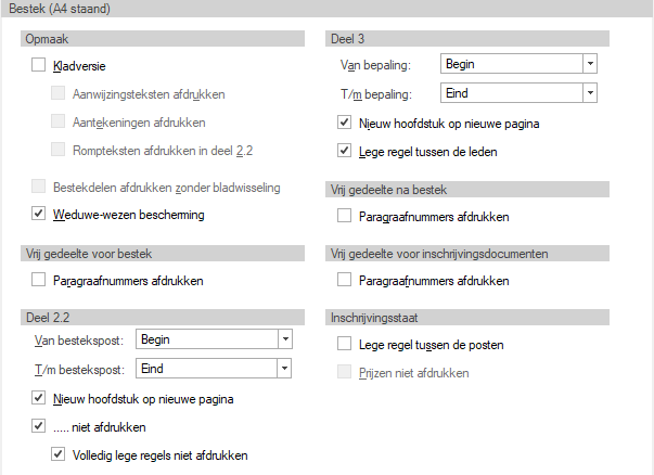 Afdrukinstellingen tab Bestekrapport