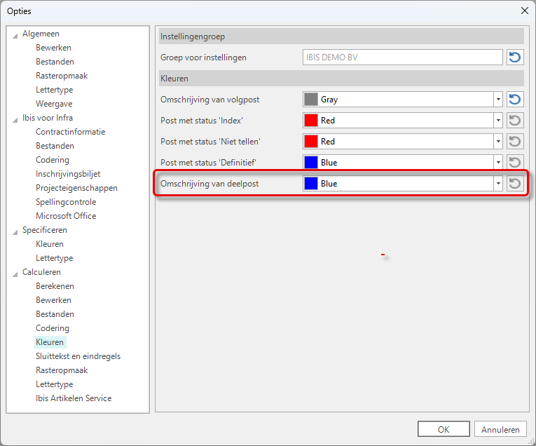 Opties - Deelpost kleur