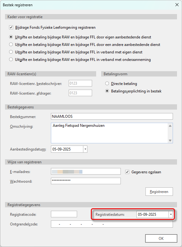 DRAW venster met Registratiedatum