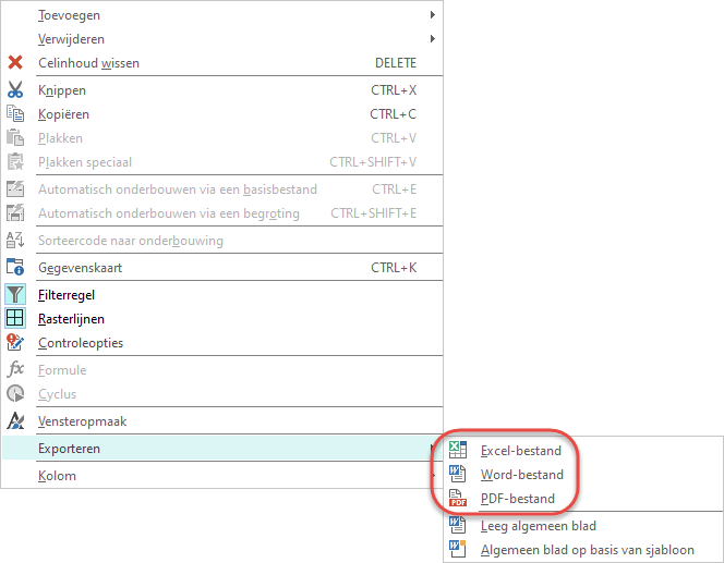 Rechtermuismenu exporteren XLS, DOC, PDF