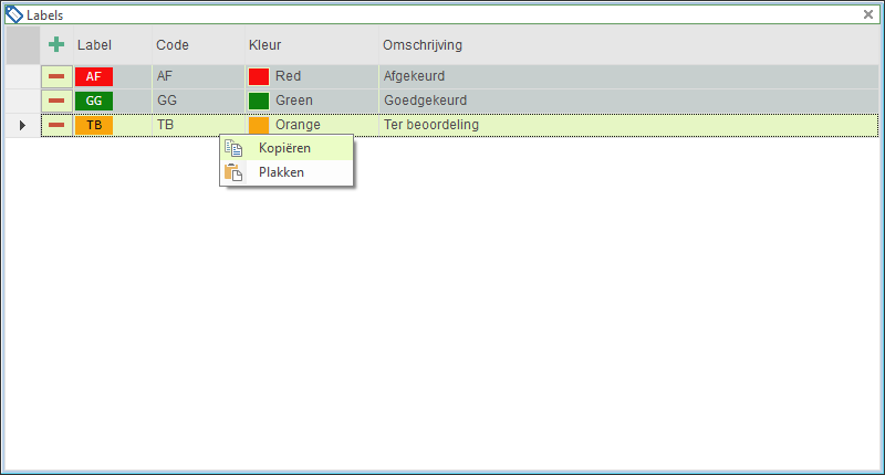 Labels - venster met volledige selectie en contextmenu