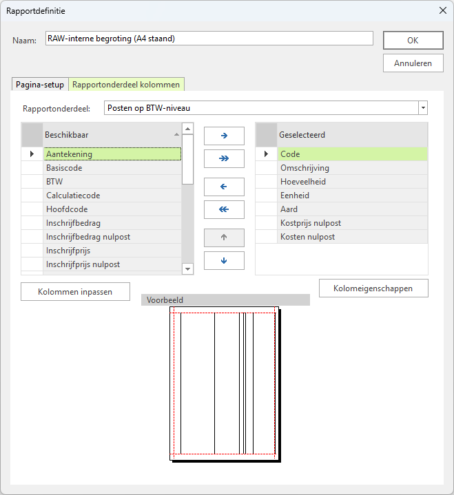 Afdrukinstellingen rapportdefinitie kolommen calc