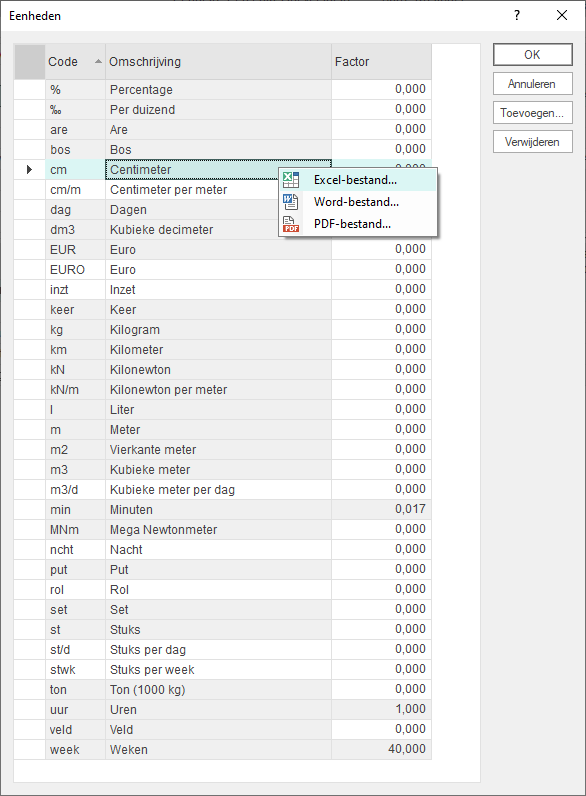 Rechtermuismenu exporteren XLS, DOC, PDF in menu Data