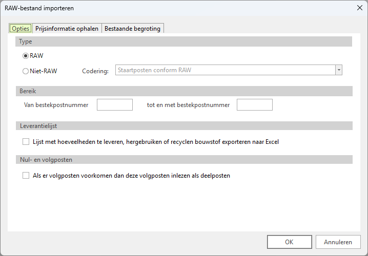 Importeren RSX in Calc-Opties