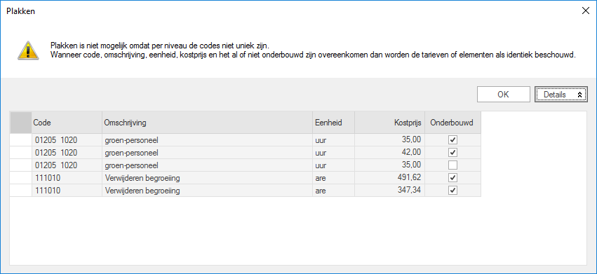 Melding kopiëren en plakken tussen GwwCalc en Basisbestand als Codes niet uniek zijn