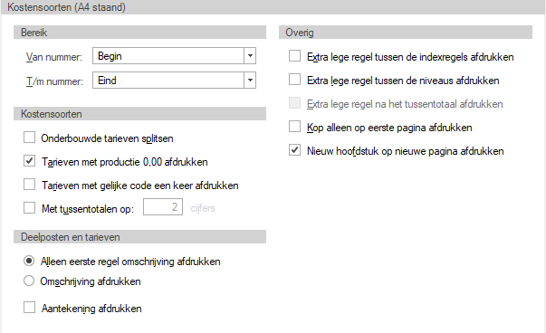 Afdrukinstellingen GwwCalc tab Kostensoorten