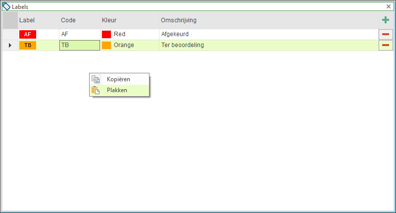 Labels - venster met labels met contextmenu