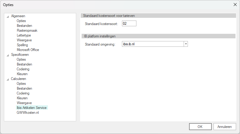 Opties-GwwCalc-Ibis Artikelen Service