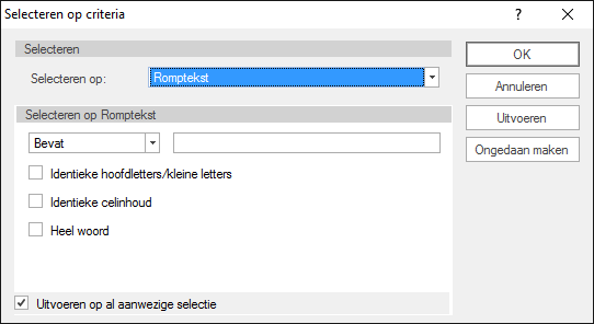 Selecteren criteria GwwCalc Omschrijving