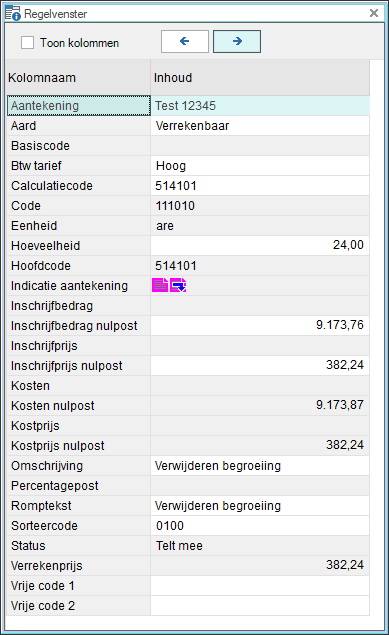 Regelvenster bestekpost en hoger