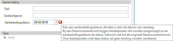 Aanbestedingsdatum bij aanmaken Raamovereenkomst