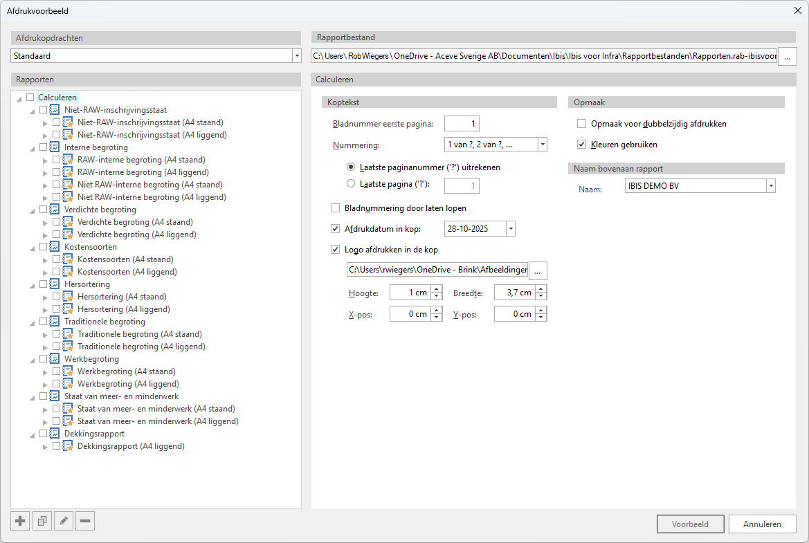 Afdrukinstellingen Algemeen Calculatie - New