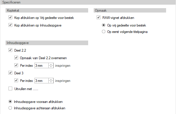 Afdrukinstellingen tab Bestek