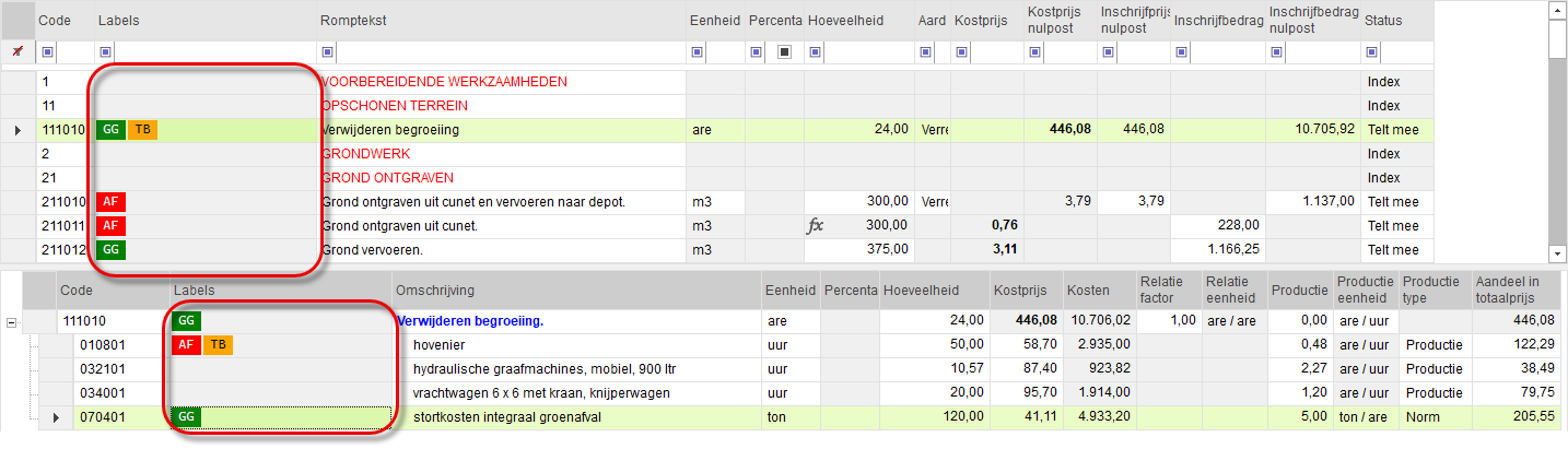 Labels - kolom met ingevulde labels in grid - Start licentie