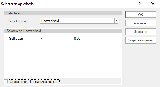 Selecteren criteria GwwCalc Hoeveelheid