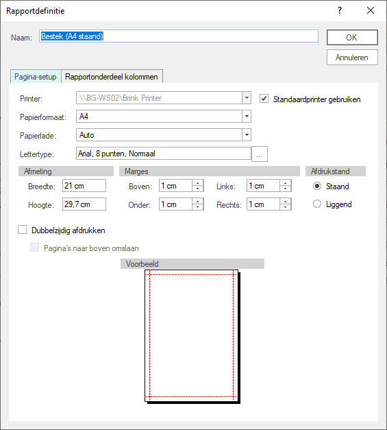 Afdrukinstellingen rapportdefinitie bestek