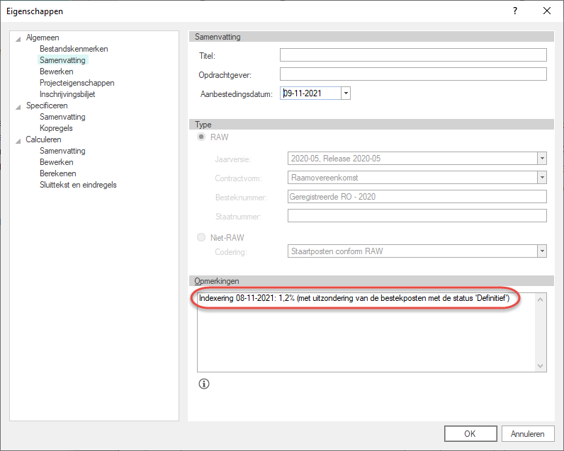 Indexeren raamovereenkomst Eigenschappenvenster status Definitief