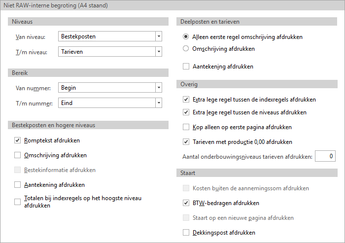 Afdrukinstellingen tab Begrotingrapport - New