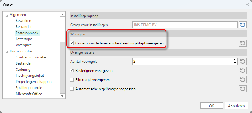 Optie standaard inklappen onderbouwde tarieven
