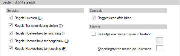 Afdrukinstellingen tab Bestellijst