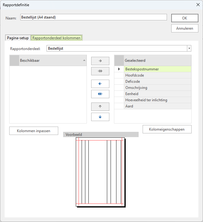 Afdrukinstellingen rapportdefinitie kolommen bestellijst