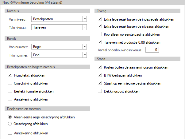 Afdrukinstellingen tab Begrotingrapport