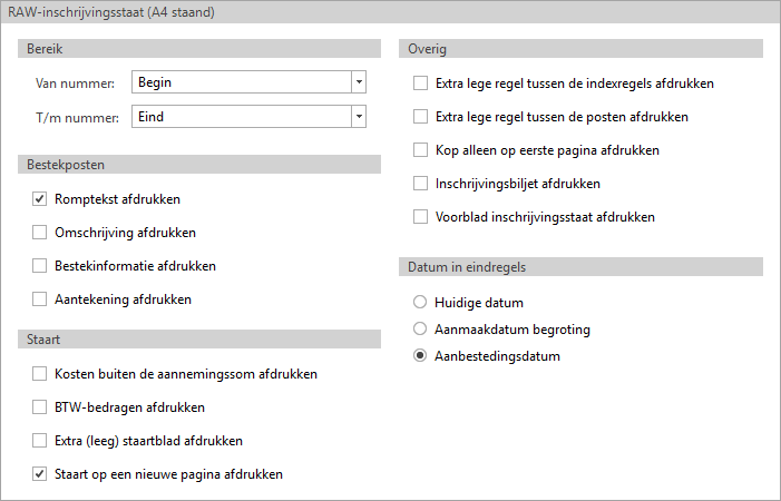 Afdrukinstellingen GwwCalc tab inschrijfstaat - New