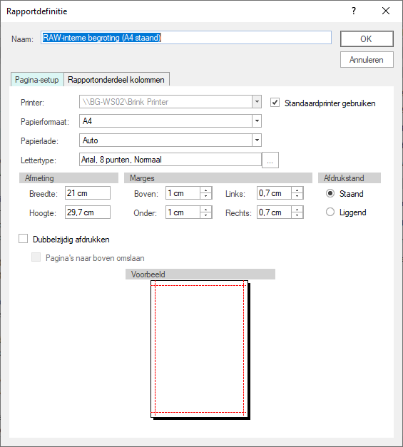 Afdrukinstellingen rapportdefinitie calc