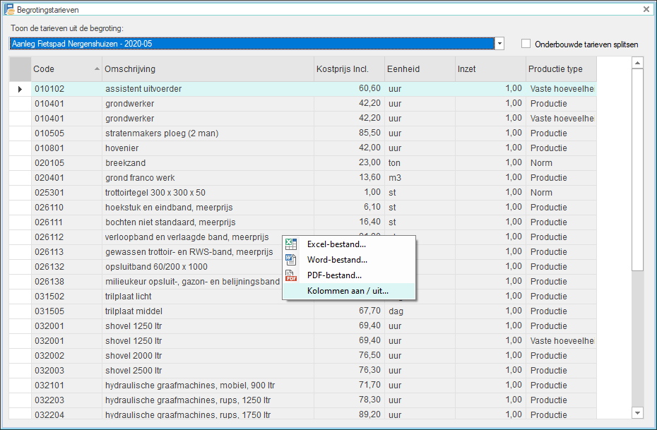 Begrotingstarieven met contextmenu