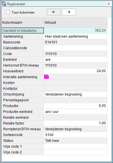 Regelvenster deelpost