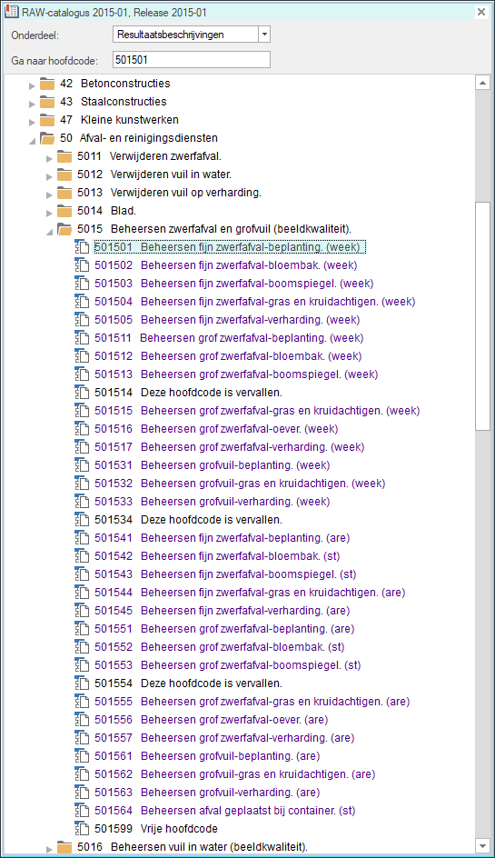 Catalogusvenster - met voorlopige hoofdcodes